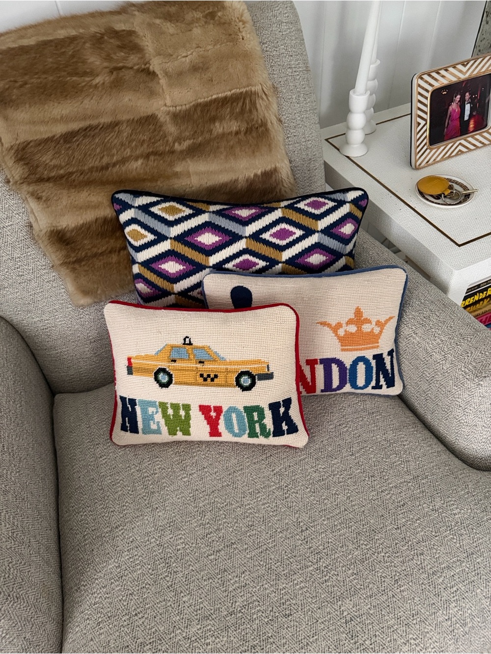 Jonathan Adler New York Taxi Needlepoint Pillow - Yellow, Red, Blue, Green, Navy - Picture 3 of 4